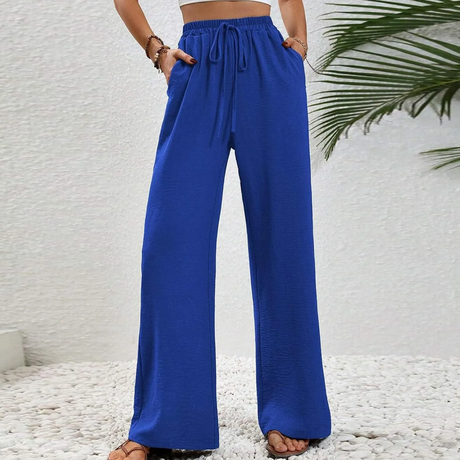 HGps8w Wide Leg Linen Pants for Women Solid Color Elastic High Waist Drawstring Loose Comfy Lounge Pants with Pockets