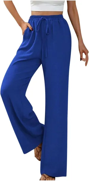 HGps8w Wide Leg Linen Pants for Women Solid Color Elastic High Waist Drawstring Loose Comfy Lounge Pants with Pockets
