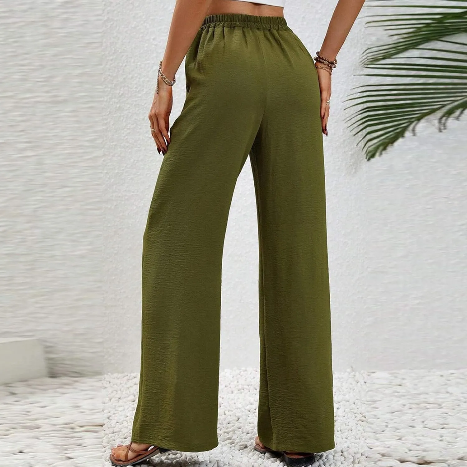 HGps8w Wide Leg Linen Pants for Women Solid Color Elastic High Waist Drawstring Loose Comfy Lounge Pants with Pockets