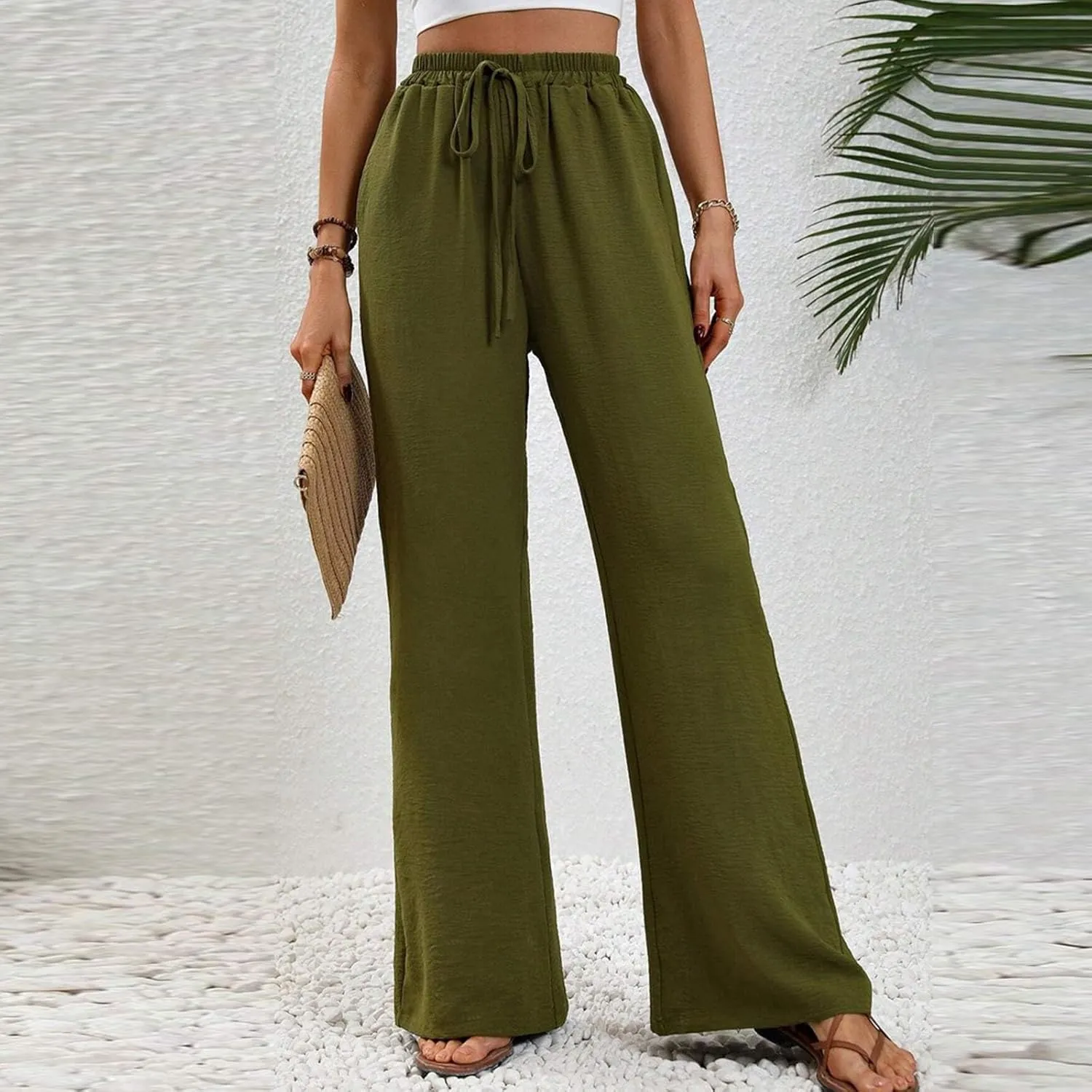 HGps8w Wide Leg Linen Pants for Women Solid Color Elastic High Waist Drawstring Loose Comfy Lounge Pants with Pockets
