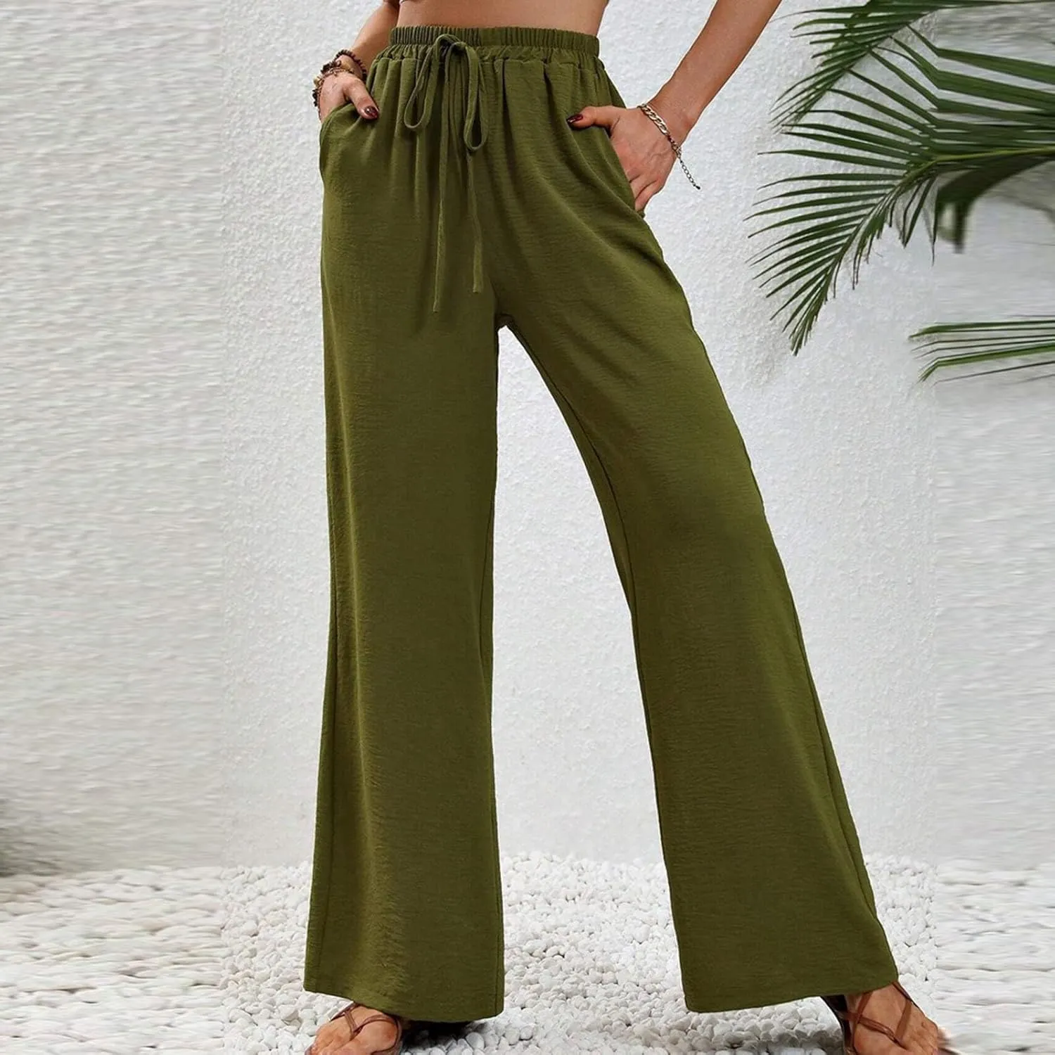 HGps8w Wide Leg Linen Pants for Women Solid Color Elastic High Waist Drawstring Loose Comfy Lounge Pants with Pockets