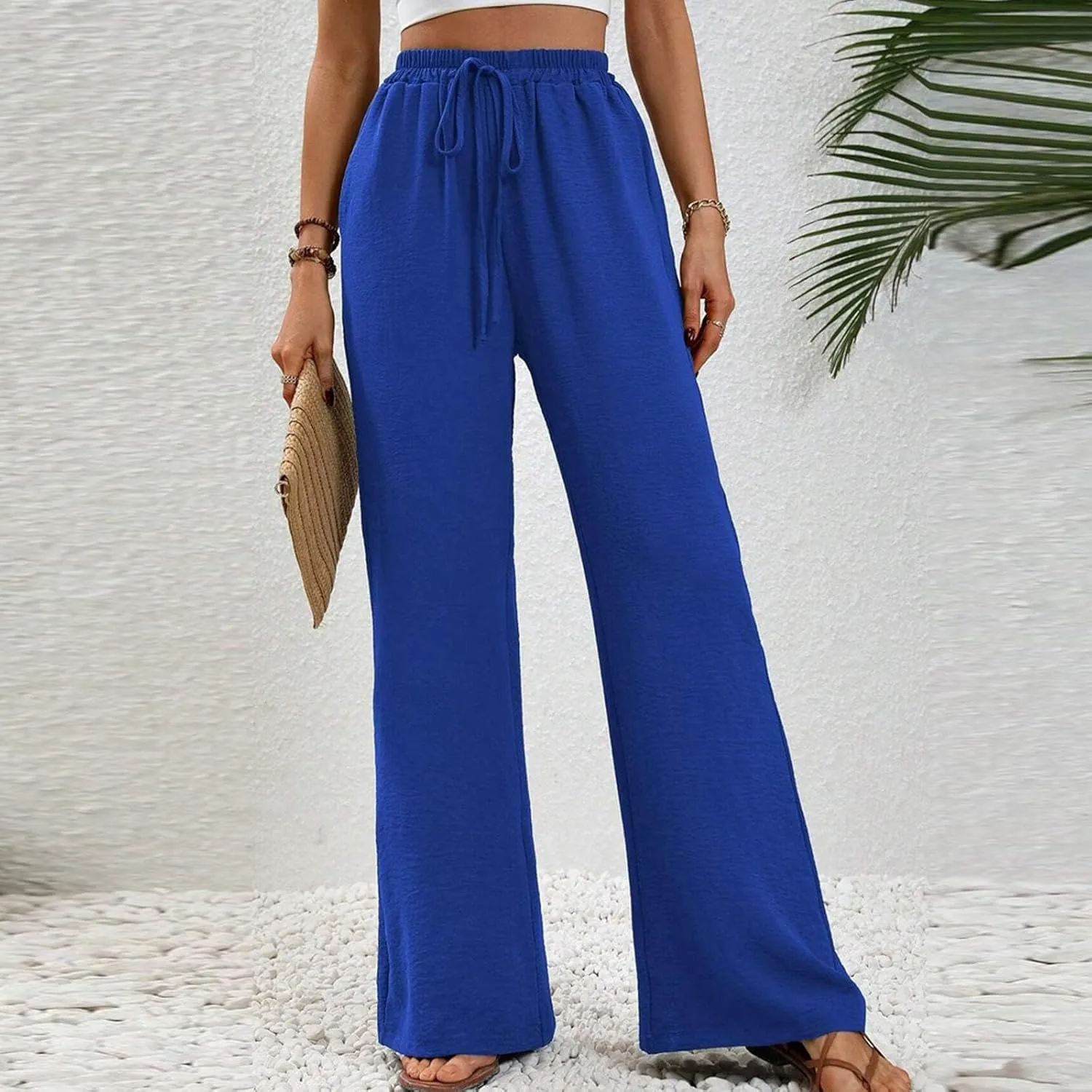 HGps8w Wide Leg Linen Pants for Women Solid Color Elastic High Waist Drawstring Loose Comfy Lounge Pants with Pockets