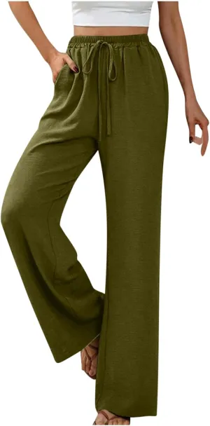 HGps8w Wide Leg Linen Pants for Women Solid Color Elastic High Waist Drawstring Loose Comfy Lounge Pants with Pockets