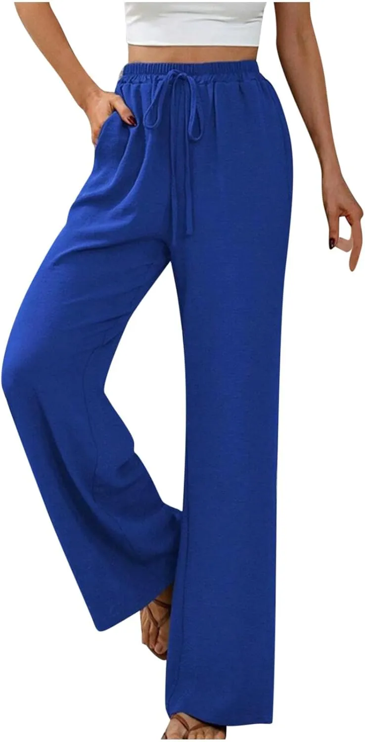 HGps8w Wide Leg Linen Pants for Women Solid Color Elastic High Waist Drawstring Loose Comfy Lounge Pants with Pockets
