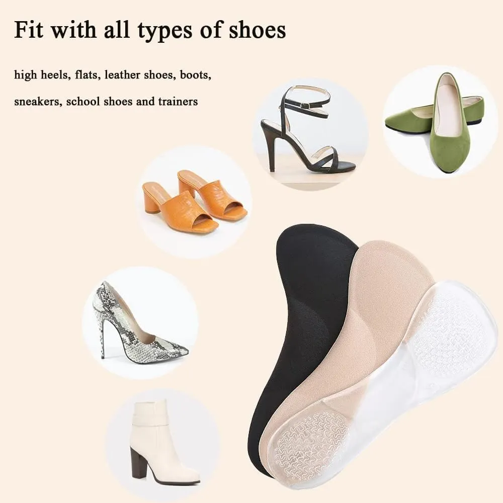 High Heel Inserts Women, Adhesive Velvety Cushioning Insoles for High Heels Anti-Slip, ¾ Gel Cushion Insoles for High Heels Pain Relief, Shoe Inserts for Dress Shoes, 2 Pairs, Beige Black