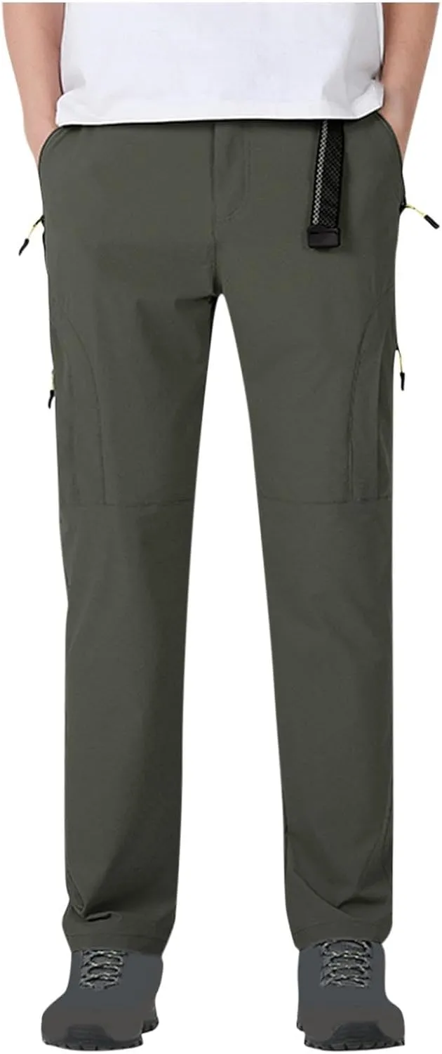 Hiking Pants Men with Belt 5 Zipper Pockets Waterproof Lightweight Quick Dry Travel Fishing Workout Pant Stretch Active