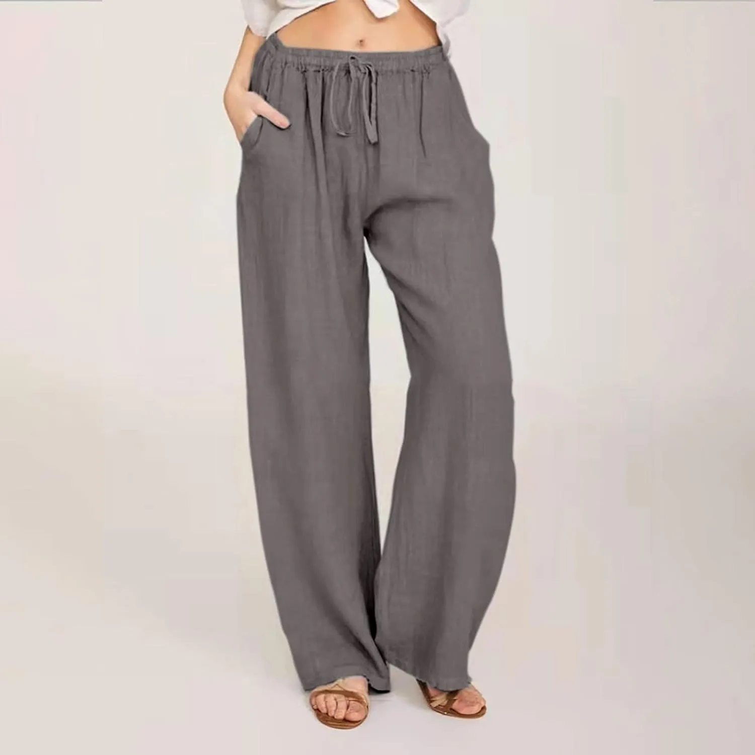 hlysgo Women's Summer Drawstring Waist Wide Leg Casual Pants 2024 Loose Cotton Linen Palazzo Pants Trousers with Pockets
