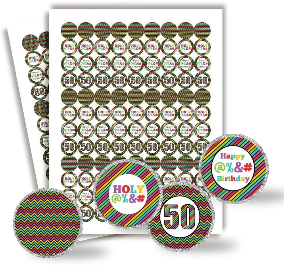 Holy @%*# 50th Birthday Party Kiss Sticker Labels, 300 Party Circle Sticker Sized 0.75” for Chocolate Drop Kisses by AmandaCreation, Great for Party Favors, Envelope Seals & Goodie Bags