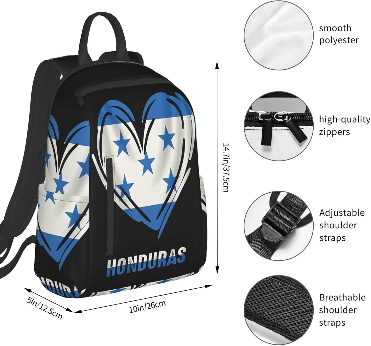 Honduras Flag Heart Casual Backpacks Large Capacity Laptop Backpack Sports Fitness Rucksack Travel Carry-On Daypack Work Bag for Outdoor Camping