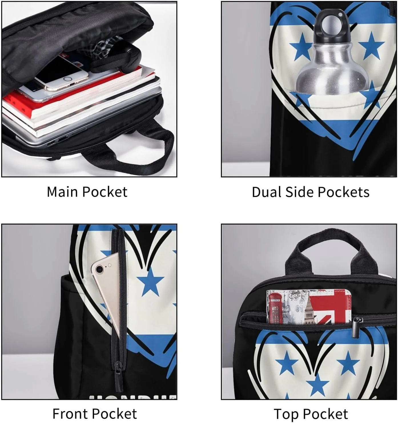 Honduras Flag Heart Casual Backpacks Large Capacity Laptop Backpack Sports Fitness Rucksack Travel Carry-On Daypack Work Bag for Outdoor Camping