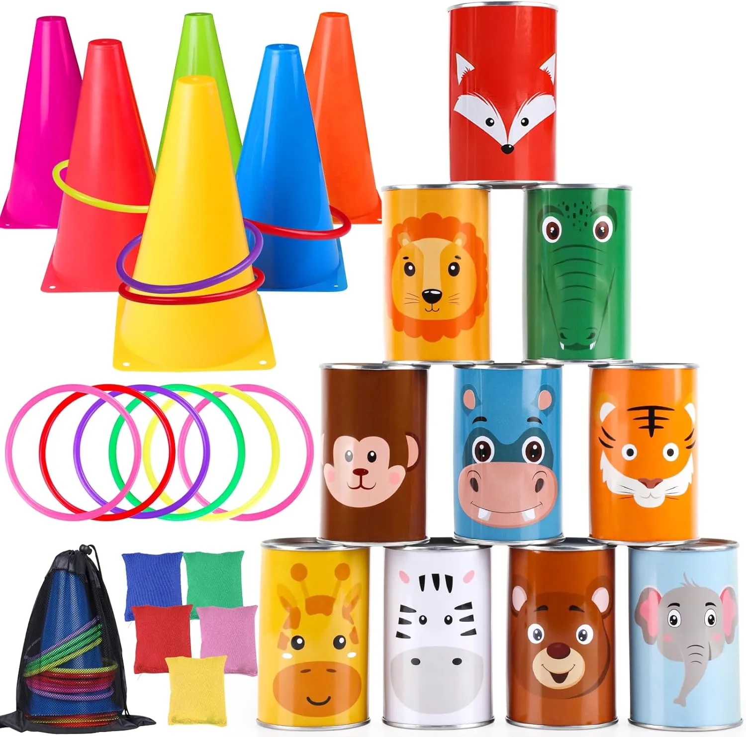 Hooqict 36PCS Carnival Games Set 4 in 1 Bean Bag Toss Can Games Soft Plastic Cones Cornhole Ring Toss Game for Indoor Outdoor Kids Birthday Party School Field Day Activities for Adults and Family