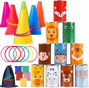 Hooqict 36PCS Carnival Games Set 4 in 1 Bean Bag Toss Can Games Soft Plastic Cones Cornhole Ring Toss Game for Indoor Outdoor Kids Birthday Party School Field Day Activities for Adults and Family