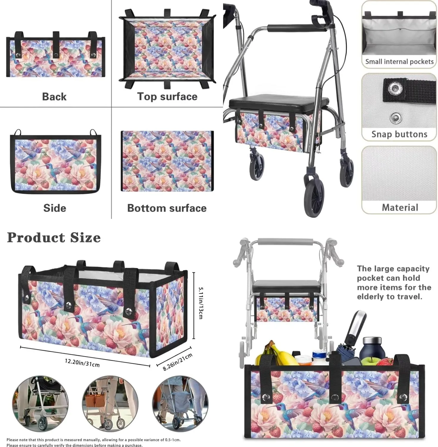 Hummingbird Flower Strawberry 3Pcs Rollator Walker Basket Under Seat Bag Comfortable Seat Cover and Backrest Covers for Walker Rollator Accessories Senior Travel