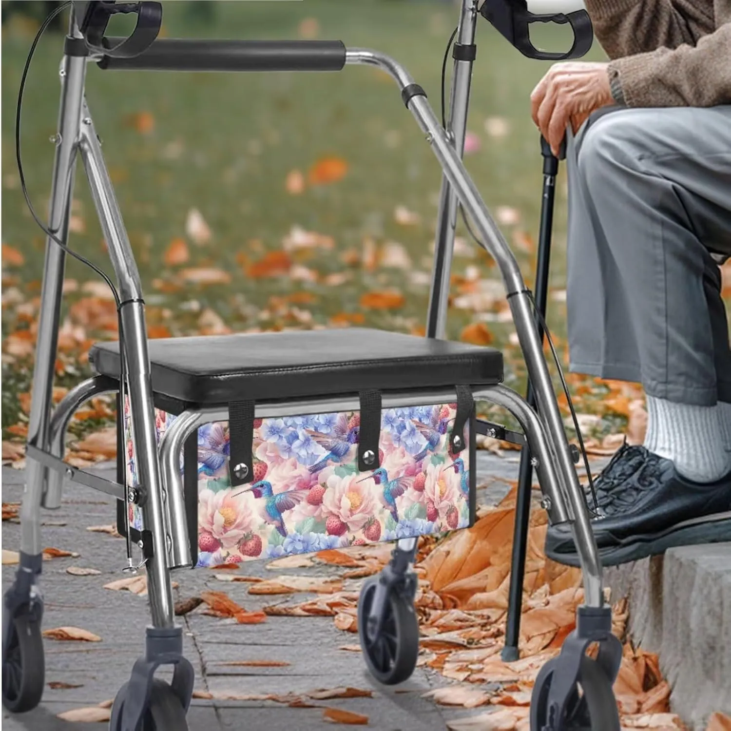 Hummingbird Flower Strawberry 3Pcs Rollator Walker Basket Under Seat Bag Comfortable Seat Cover and Backrest Covers for Walker Rollator Accessories Senior Travel