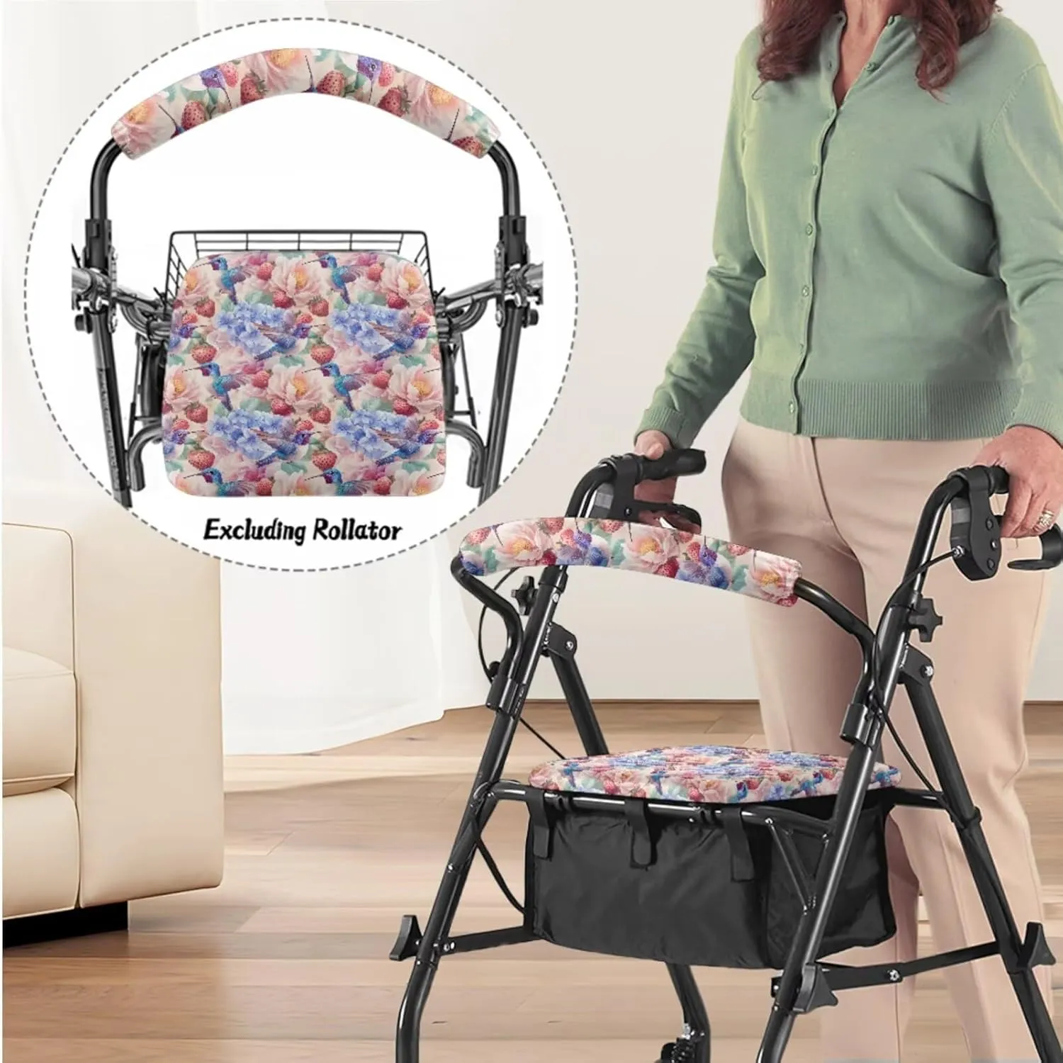 Hummingbird Flower Strawberry 3Pcs Rollator Walker Basket Under Seat Bag Comfortable Seat Cover and Backrest Covers for Walker Rollator Accessories Senior Travel
