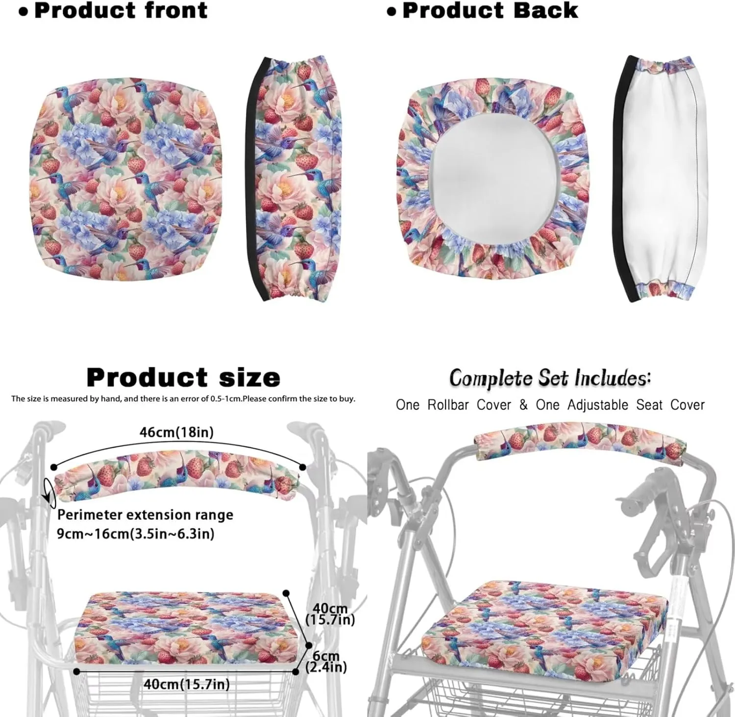 Hummingbird Flower Strawberry 3Pcs Rollator Walker Basket Under Seat Bag Comfortable Seat Cover and Backrest Covers for Walker Rollator Accessories Senior Travel