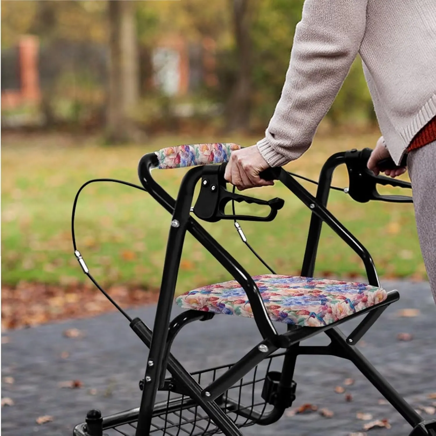Hummingbird Flower Strawberry 3Pcs Rollator Walker Basket Under Seat Bag Comfortable Seat Cover and Backrest Covers for Walker Rollator Accessories Senior Travel