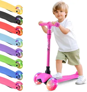 Hurtle Mini Kickboard Scooter for Kids – Height Adjustable 25-28 Inches, 3-Wheel Toddler Micro Scooter with LED Light-up Wheels, Lightweight Riding Toy, Non-Slip, Indoor/Outdoor Fun, Ages 2-5 (Pink)