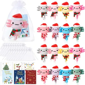 HyDren 16 Sets Christmas Axolotl Plush Toys 4 Inch Stuffed Animal Keychains Mini Axolotl Plush Bulk with Greeting Cards and Organza Bags for Xmas Holiday Birthday Gifts Party Favor Classroom Prize
