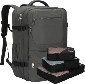 Hynes Eagle 44L Carry on Backpack Airline Approved Travel Backpack for Men Women Large Laptop Backpack 17 inch Nylon Backpack Overnight Weekender Duffel Bag Grey with 3PCS Packing Cubes Set Black