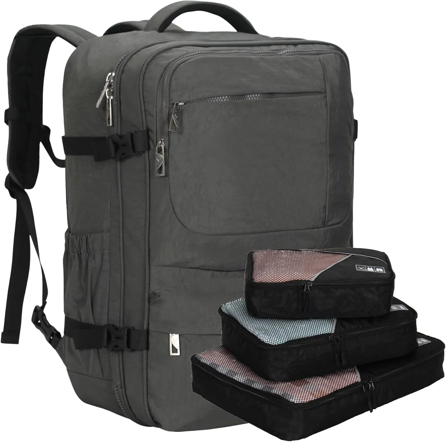 Hynes Eagle 44L Carry on Backpack Airline Approved Travel Backpack for Men Women Large Laptop Backpack 17 inch Nylon Backpack Overnight Weekender Duffel Bag Grey with 3PCS Packing Cubes Set Black