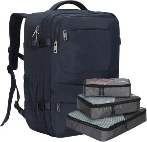 Hynes Eagle 44L Carry on Backpack Airline Approved Travel Backpack for Men Women Large Laptop Backpack 17 inch Nylon Backpack Overnight Weekender Duffel Bag Navy Blue with 3PCS Packing Cubes Set Grey