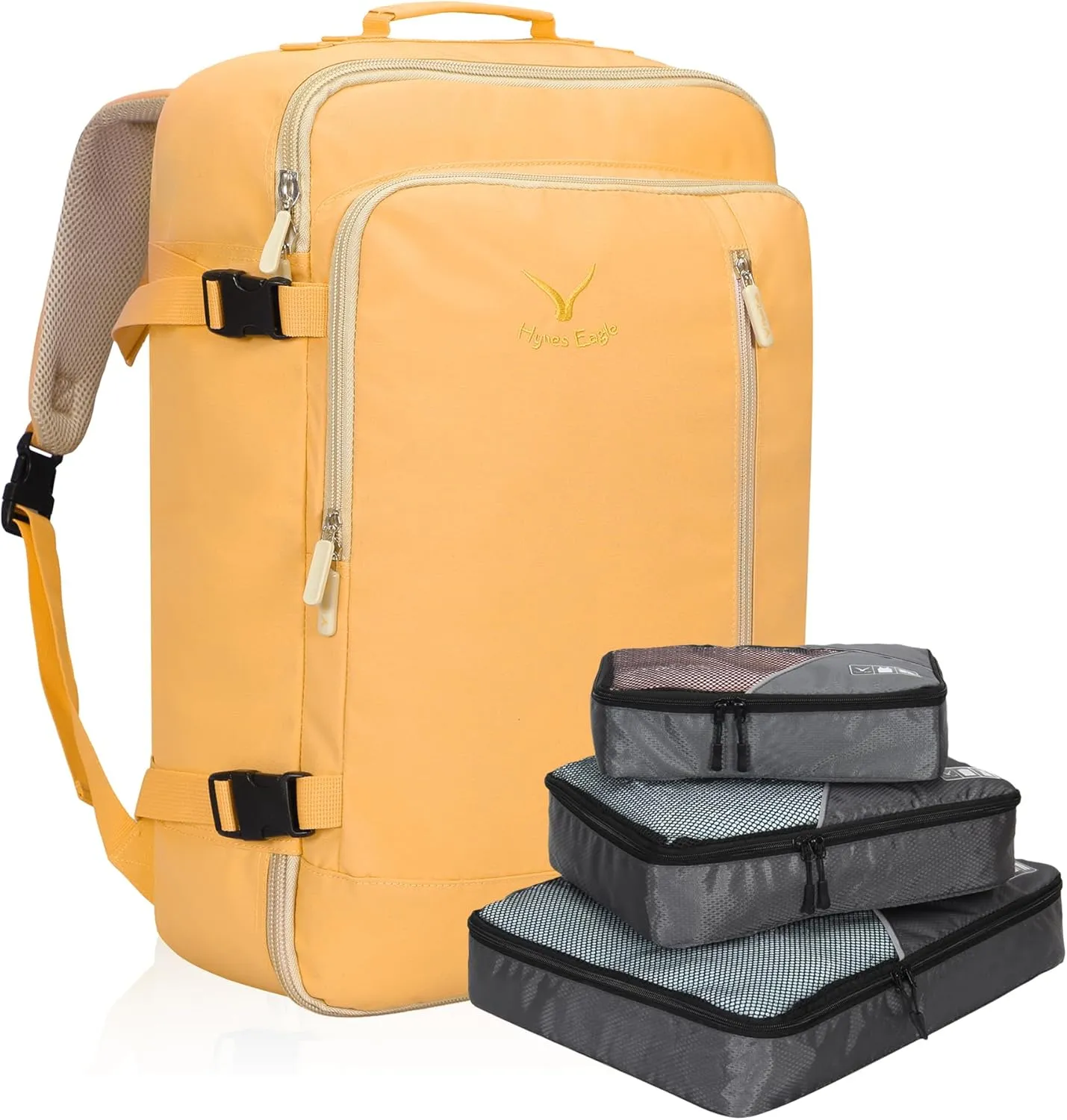 Hynes Eagle Carry on Backpack 38L Large Travel Backpack for Women Flight Approved Weekender Bag Laptop Backpack Men 15 inches Yellow with 3PCS Packing Cubes Set Grey