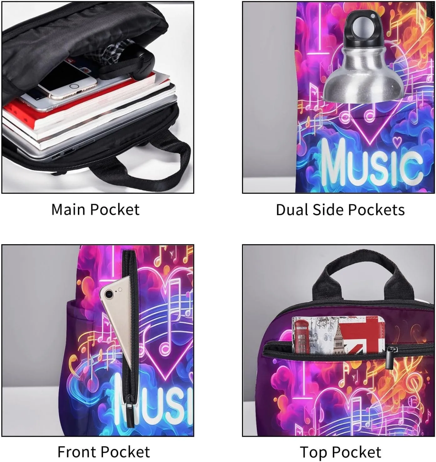 I Love Music Neon Note Casual Backpacks Large Capacity Laptop Backpack Sports Rucksack Travel Daypack Adjustable Shoulder Strap Work Bag for Outdoor Camping