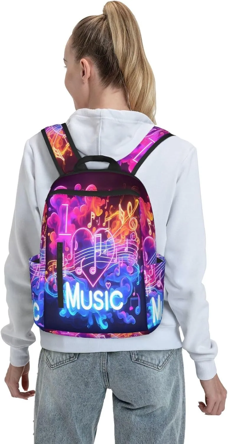 I Love Music Neon Note Casual Backpacks Large Capacity Laptop Backpack Sports Rucksack Travel Daypack Adjustable Shoulder Strap Work Bag for Outdoor Camping