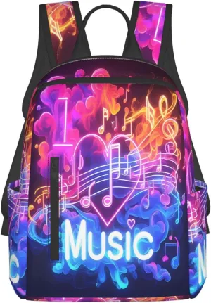 I Love Music Neon Note Casual Backpacks Large Capacity Laptop Backpack Sports Rucksack Travel Daypack Adjustable Shoulder Strap Work Bag for Outdoor Camping