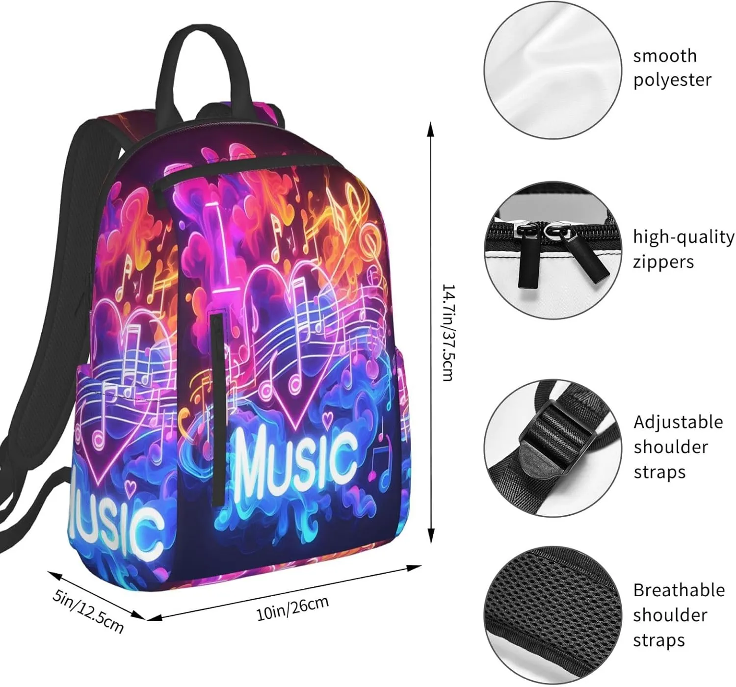 I Love Music Neon Note Casual Backpacks Large Capacity Laptop Backpack Sports Rucksack Travel Daypack Adjustable Shoulder Strap Work Bag for Outdoor Camping