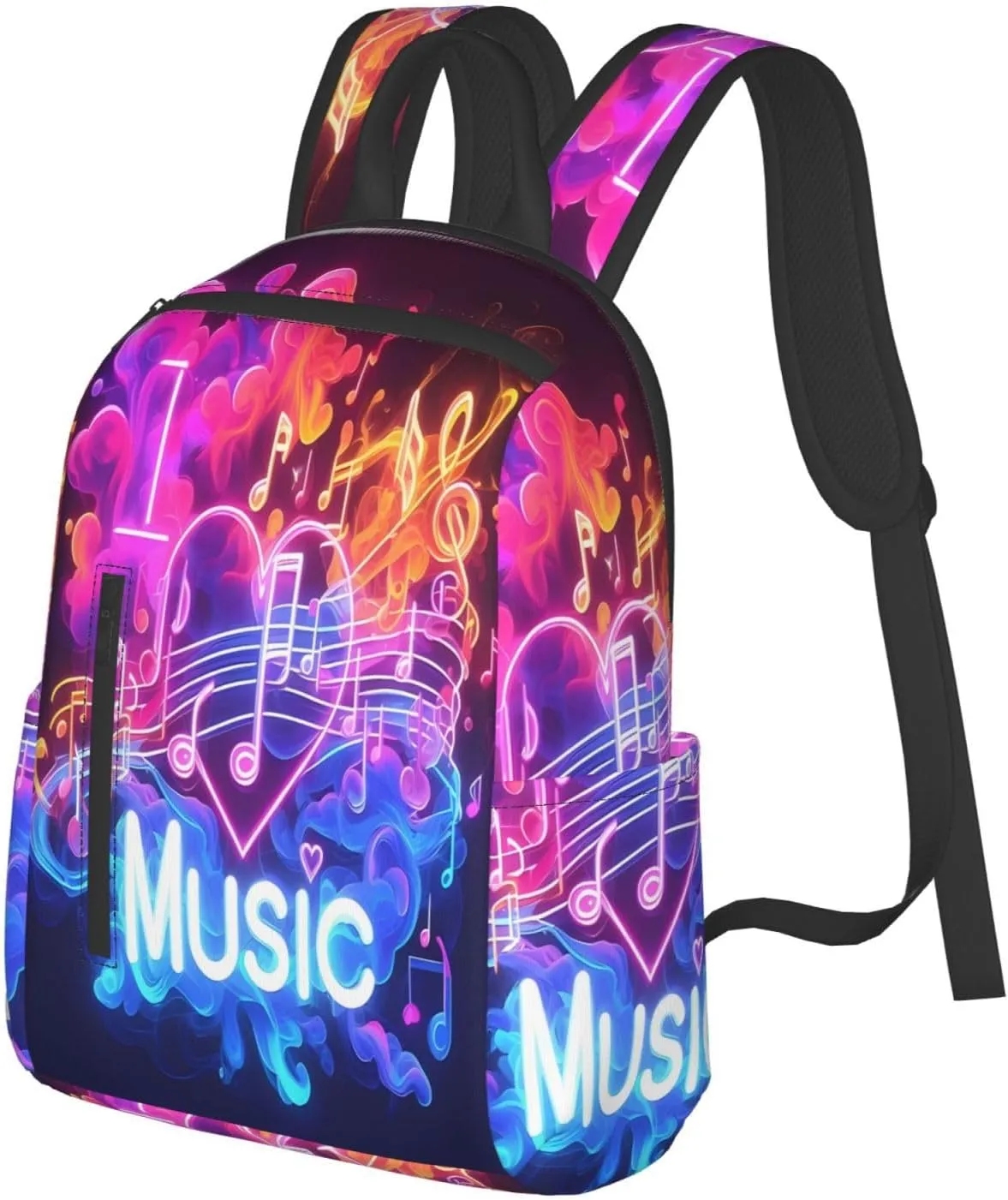 I Love Music Neon Note Casual Backpacks Large Capacity Laptop Backpack Sports Rucksack Travel Daypack Adjustable Shoulder Strap Work Bag for Outdoor Camping