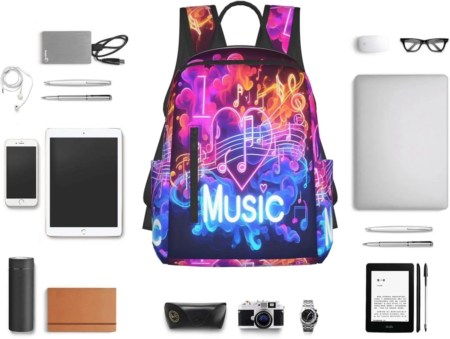I Love Music Neon Note Casual Backpacks Large Capacity Laptop Backpack Sports Rucksack Travel Daypack Adjustable Shoulder Strap Work Bag for Outdoor Camping