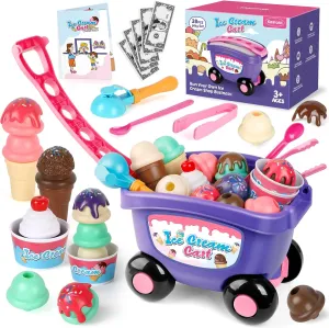 Ice Cream Cart Toy, Ice Cream Shop Playset for Kids, Grocery Store Pretend Play Food Toys, Shopping Cart for Toddlers, Scoop and Serve Counter, Educational toys for 3 4 5 6 Years Old Girl Boy
