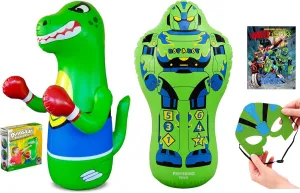 Inflatable Punching Bag Bundle for Kids – Dino & Robot Bop Bags with Bounce Back Action – 47” Tall – Includes Felt Mask, Comic Book, Durable PVC & Fillable Base – Fun Active Toy Set for Boys & Girls