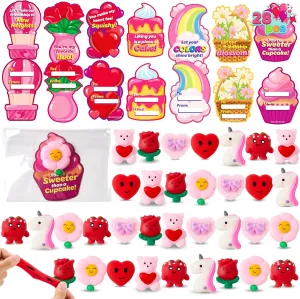 JOYIN 28 Packs Gift Cards with Mochi Toys, Stress Relief Fidget, Cute Miniature Novelty Squeeze Toys for Kids Party Favors, School Exchange and Goody Bag Fillers