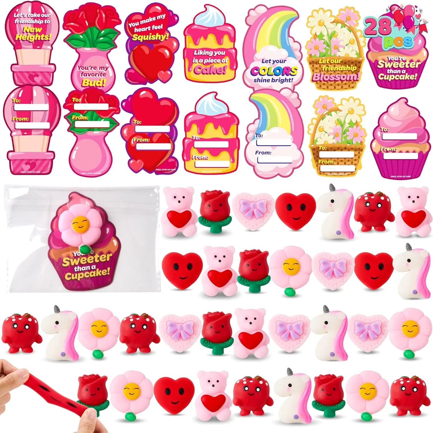 JOYIN 28 Packs Gift Cards with Mochi Toys, Stress Relief Fidget, Cute Miniature Novelty Squeeze Toys for Kids Party Favors, School Exchange and Goody Bag Fillers