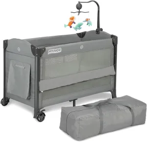 JOYMOR Baby Bassinet, Pack and Play with Bassinet and Carry Bag, Convert to Bedside Sleeper with Toy, Wheels for Boys Girls