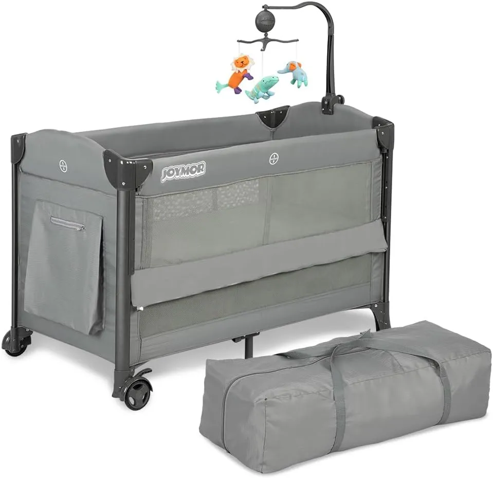 JOYMOR Baby Bassinet, Pack and Play with Bassinet and Carry Bag, Convert to Bedside Sleeper with Toy, Wheels for Boys Girls
