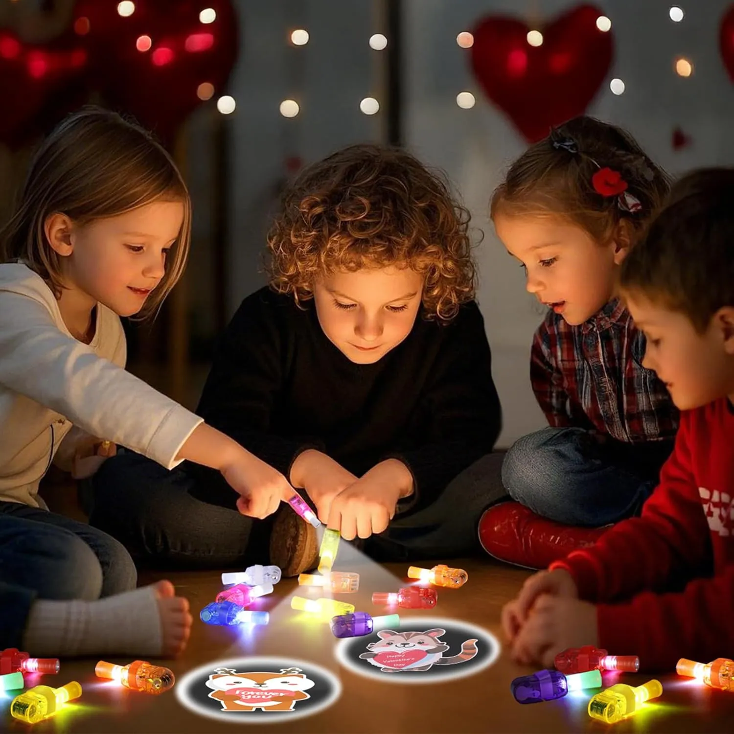 Juome Valentines Day Gifts for Kids - 32Pcs Finger Lights Valentines Day Cards for Kids Classroom School Light Up Toys Valentines Day Classroom Favors Prizes Gifts Valentines Exchange Goodie Bags