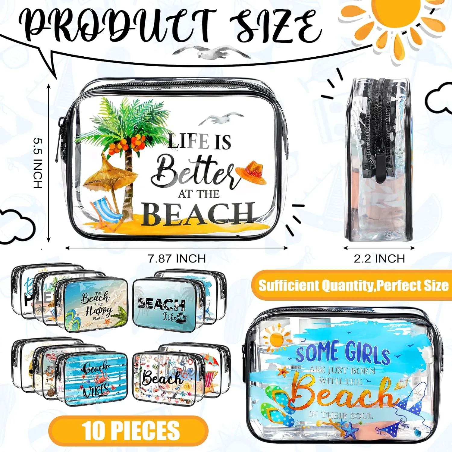 Kacctyen 10 Pcs Beach Clear Makeup Bags Gift for Women Clear Toiletry Bag Beach Cosmetic Bags Waterproof Travel Multifunction Pouch for Friend Sister Nurse Vacation Organization