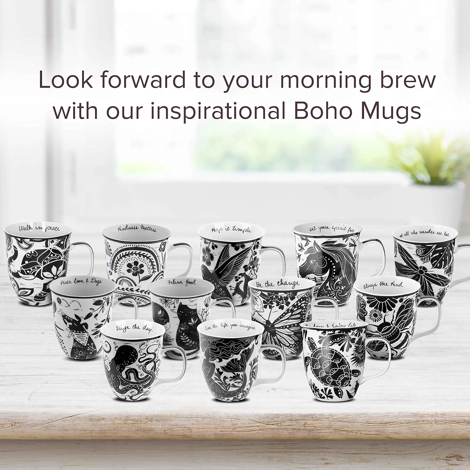 Karma Gifts 16 oz Black and White Boho Mug Hummingbird - Cute Coffee and Tea Mug - Ceramic Coffee Mugs for Women and Men, 1 Count (Pack of 1)