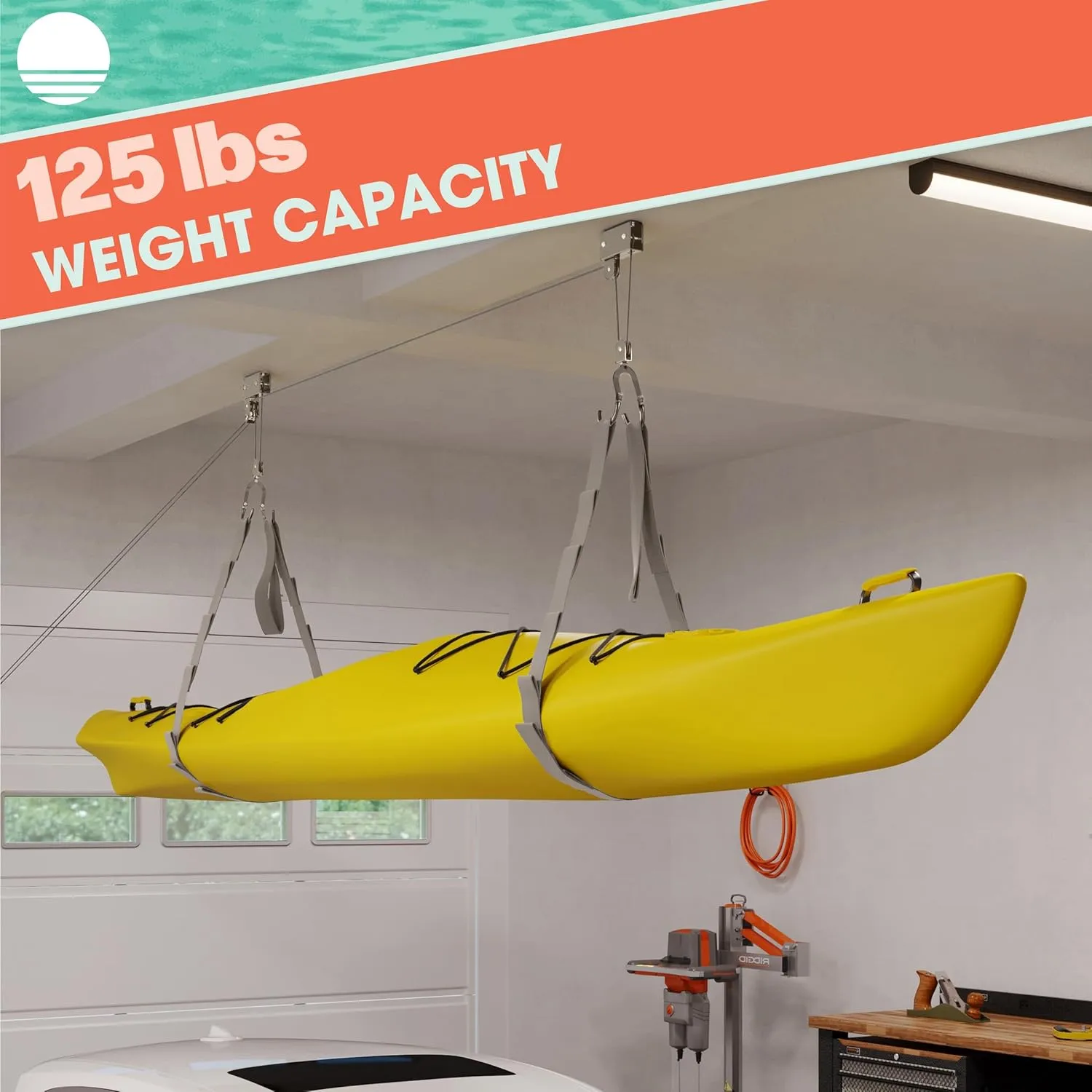 Kayak Storage Hoist - Overhead Pulley System with 125lb Capacity for Canoes, Bikes, Ladders, and More - for up to 12-Foot Ceilings
