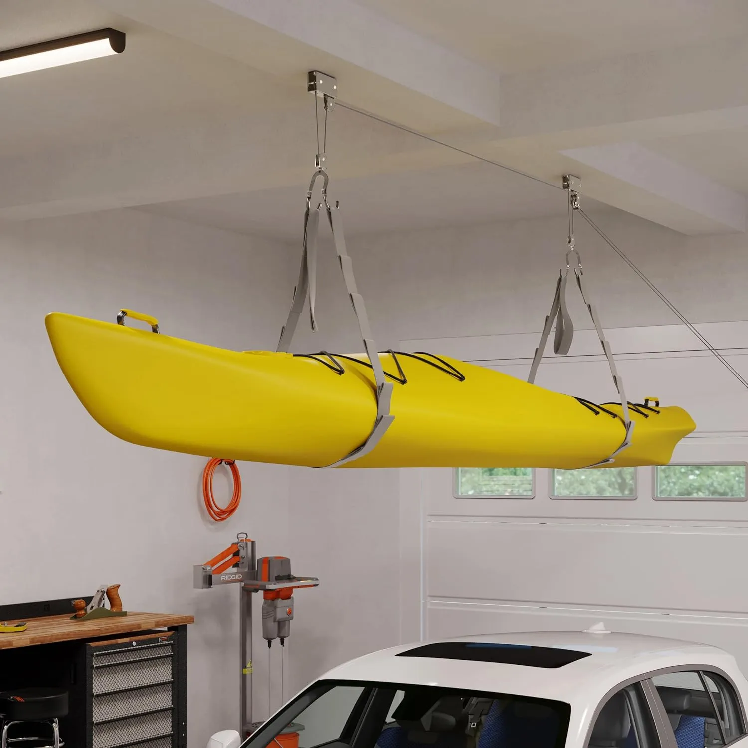 Kayak Storage Hoist - Overhead Pulley System with 125lb Capacity for Canoes, Bikes, Ladders, and More - for up to 12-Foot Ceilings