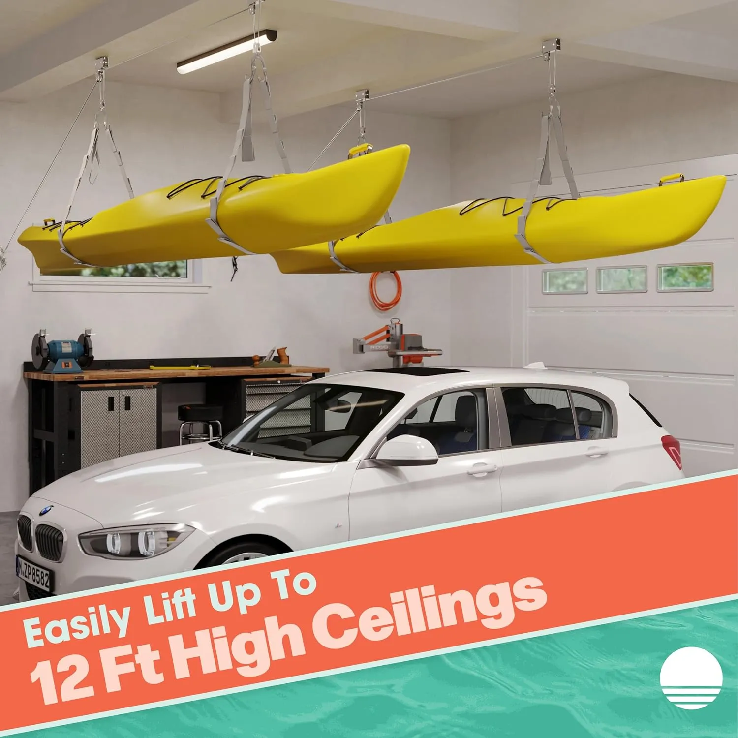 Kayak Storage Hoist - Overhead Pulley System with 125lb Capacity for Canoes, Bikes, Ladders, and More - for up to 12-Foot Ceilings