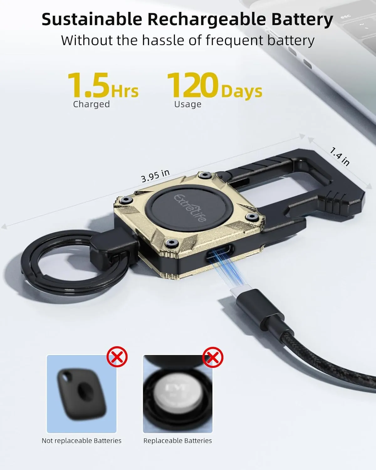 Keychain, Works with Apple Find My, Heavy Duty Key Chain Bottle Opener, Carabiner Car Key Chains with GPS Tracker, Key Finder, Bluetooth Tracker for Luggage, Kids, Bags, Rechargeable, Champagne Gold