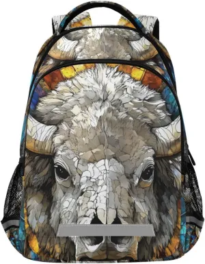 Kids Backpack Stained Glass Bison Print for Travel Daily Use, Lightweight School Bookbag for Boys Girls, Hiking Backpack 11.6x6.9x16.7 IN