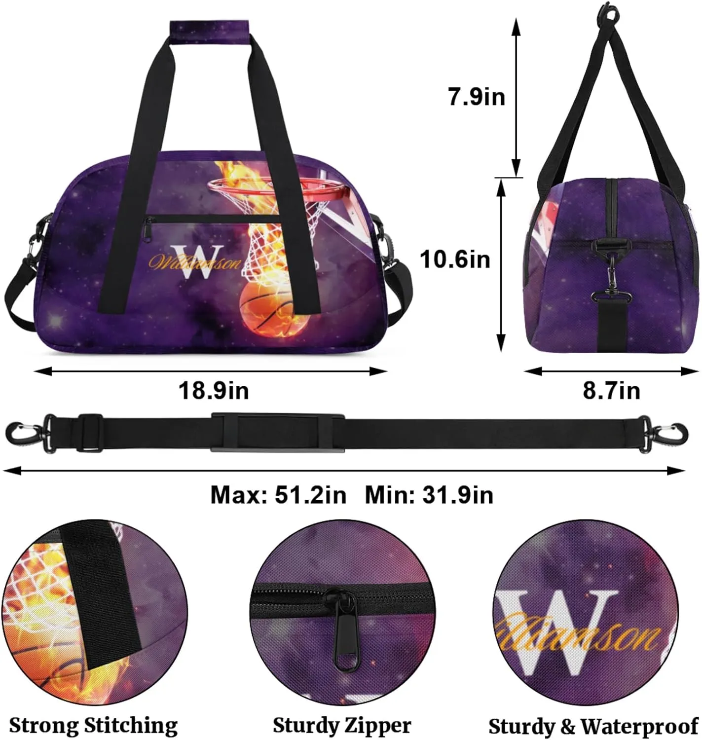 Kids Duffle Bag Personalized Gym Bag Overnight Bags, Ideal for Travel and Sports, Suitable for Men Women for Gym, Dance, Yoga, Durable Waterproof Sport Overnight Handbags Basketball Fire