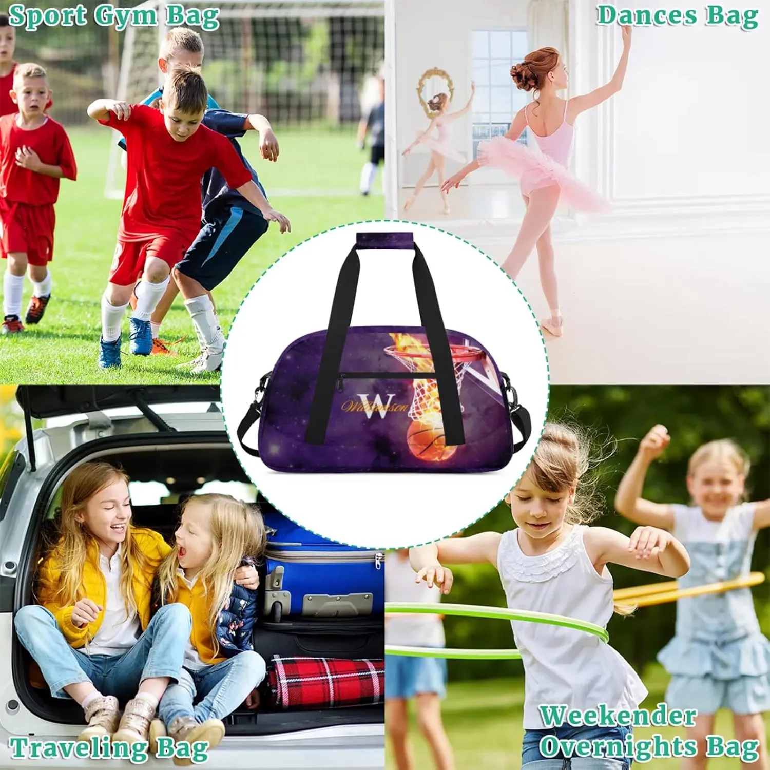 Kids Duffle Bag Personalized Gym Bag Overnight Bags, Ideal for Travel and Sports, Suitable for Men Women for Gym, Dance, Yoga, Durable Waterproof Sport Overnight Handbags Basketball Fire