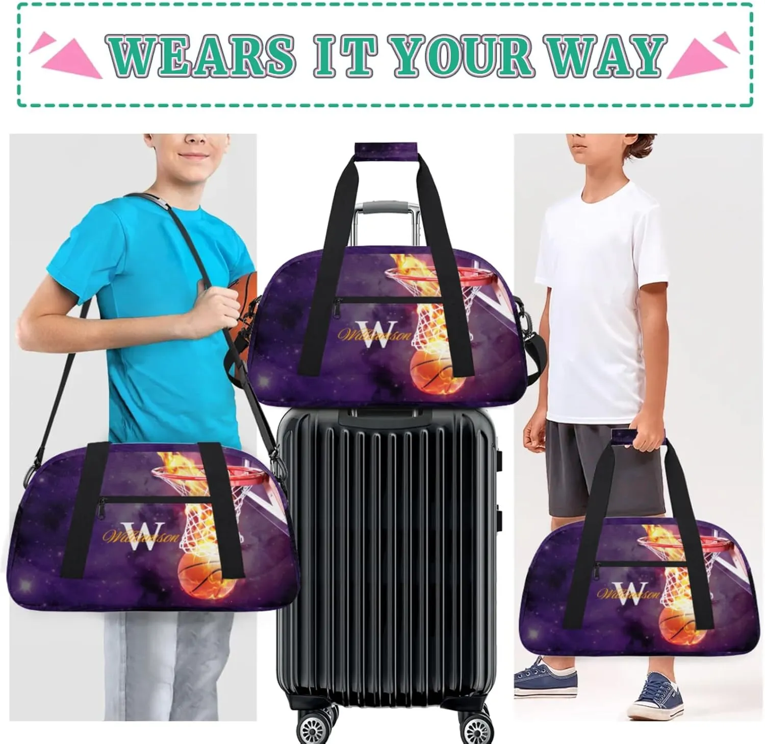 Kids Duffle Bag Personalized Gym Bag Overnight Bags, Ideal for Travel and Sports, Suitable for Men Women for Gym, Dance, Yoga, Durable Waterproof Sport Overnight Handbags Basketball Fire